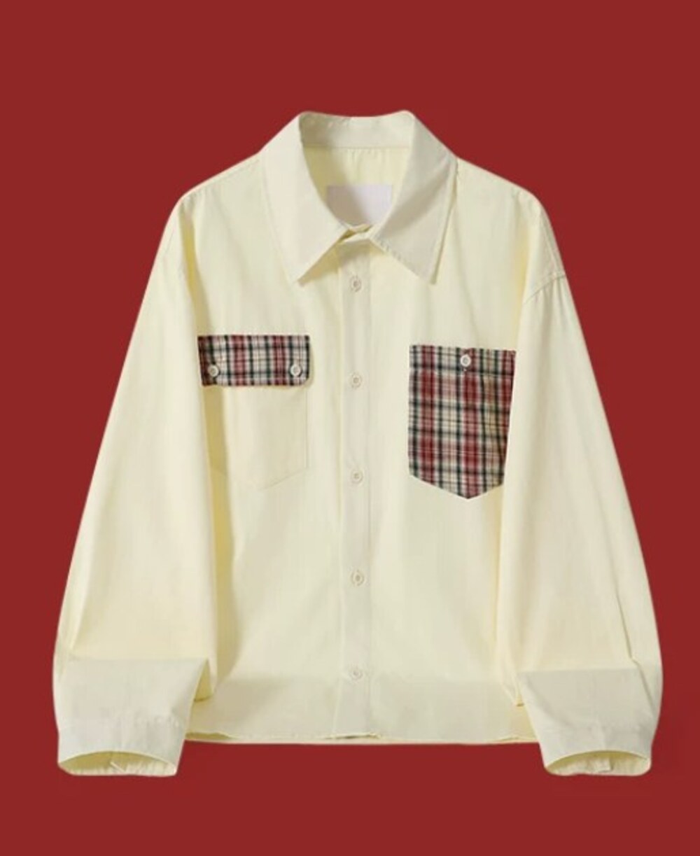 Pale Yellow Shirt with Plaid Patch Pockets